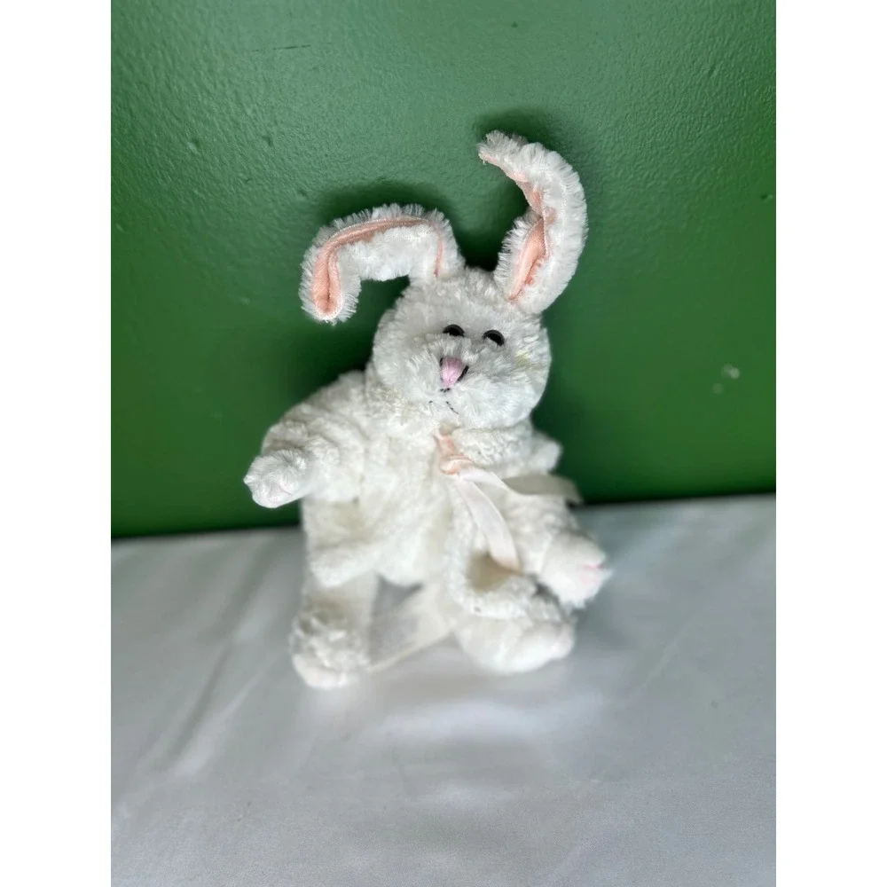 Chrisha Playful Plush White Bunny Rabbit Stuffed Animal with Jacket and Bow